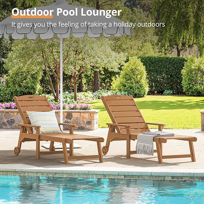 LUE BONA Chaise Lounge Chair with Table, 2-Piece, HDPS Chaise Lounger, 5 Positions Adjustable Lounge Chairs, Pool Lounge Chair with Wheels for Poolside, Backyard, Teak Color