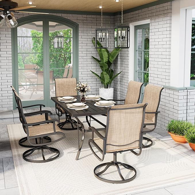 7-Piece Outdoor Dining Set, Patio Furniture Set with Textilene Swivel Chairs,Outdoor Table & 6 Chairs for Garden, Backyard, Poolside, Deck, Beige