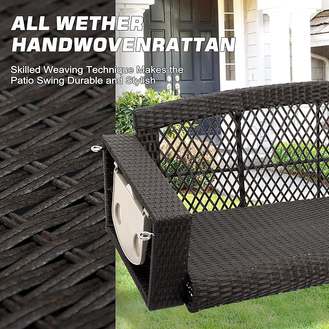 Grepatio Wicker Hanging Porch Swing - Outdoor 3 Person Patio Swing Bench with Cushion & Chains - 3-Seat Porch Swing Chair with Cup Holder for Garden, Yard, Lawn (Black Brown Rattan)