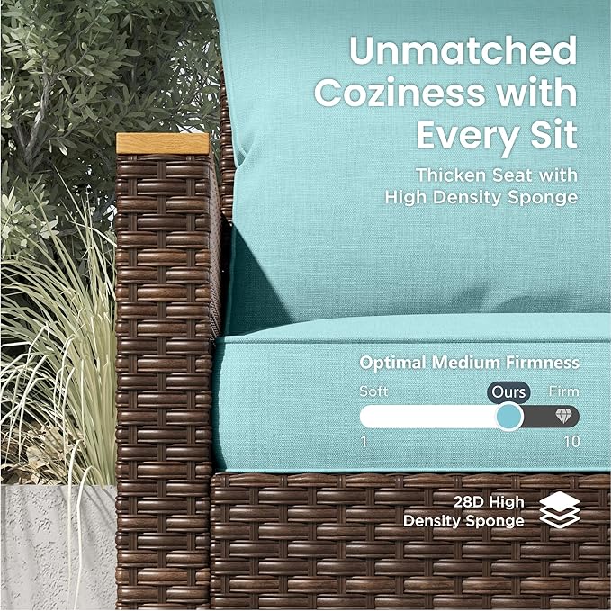 PHI VILLA Half-Moon Patio Furniture Set with 56" Fire Pit Table, 8-Piece Wicker Outdoor Curved Sectional Sofa, Large Conversation Seating for Garden or Backyard, Aqua Blue