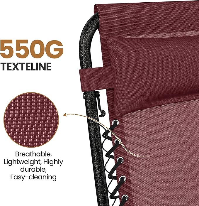 Yaheetech Zero Gravity Recliners Outdoor Adjustable Folding Reclining Lounge Chairs w/Pillows, Cup Holder Trays and Carry Strap for Patio Backyard Beach Burgundy Set of 2