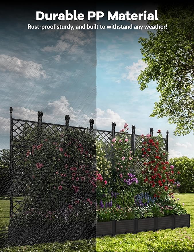 7 PCS Raised Garden Bed with Trellis & Privacy Screen, 116"w x 63"Tall Vertical Garden Planter Box for Climbing Plants - Sturdy Lightweight Outdoor Planter for Vegetables, Flowers on Patio, Balcony