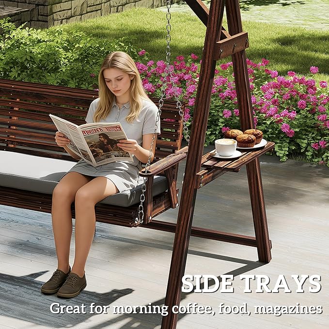 Outsunny 3 Seat Porch Swing with Stand, Wooden Patio Swing Chair with Cushion, Side Trays and Metal Chains, Outdoor Bench for Garden, Poolside, Backyard, Carbonized Brown
