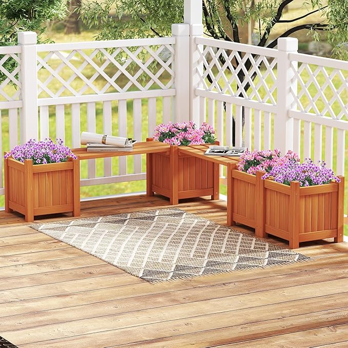 Giantex 2-in-1 Outdoor Bench with 2 Raised Garden Beds, Wood with Teak Oil Finish, Garden Bench Seat with Planter Boxes for Porch Balcony Lawn Yard, DIY Assembly, 42"x11"x11.5"