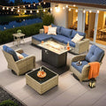 ovios 9-Piece Patio Furniture Set with L-Shape Sofa Chaise, Outdoor Sectional Couch Swivel Gliders Fire Pit Table, Modern Modular Wicker Rattan Conversation Set, Denim Blue