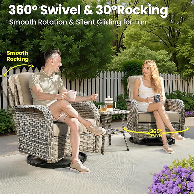 ovios 8-Piece Patio Furniture Set with L-Shape Sofa Chaise, Outdoor Sectional Couch Swivel Gliders Fire Pit Table, Modern Modular Wicker Rattan Conversation Set, Beige