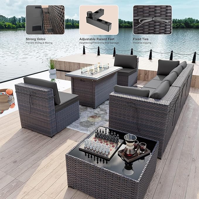 Kullavik 8 Pieces Outdoor Patio Furniture Set,Sectional Sofa Set with 43" 55000 BTU Gas Propane Fire Pit Table,Brown PE Rattan Wicker Patio Conversation Set,Grey