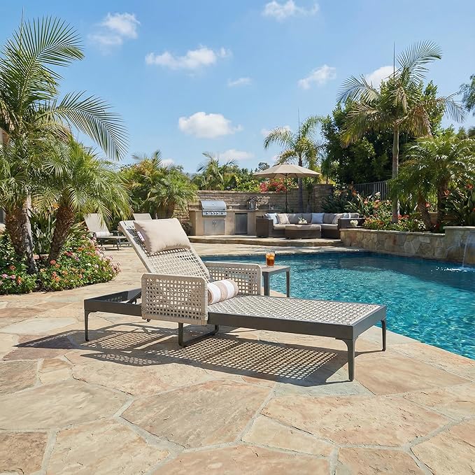 PURPLE LEAF 1 Piece Outdoor Chaise Lounge Rattan Wicker Lounger with Arms Poolside Furniture Adjustable Recliner Patio Lounge Chair for Beach Yard Garden Balcony, Dark Grey
