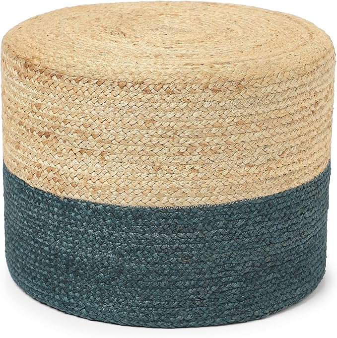 REDEARTH · Cylindrical Pouf Foot Stool Ottoman - Jute Braided Pouffe Poof Accent Sitting Footrest for Living Room, Bedroom, Nursery, Patio, Lounge & Other Rooms (Natural Teal, 18"x18"X14")