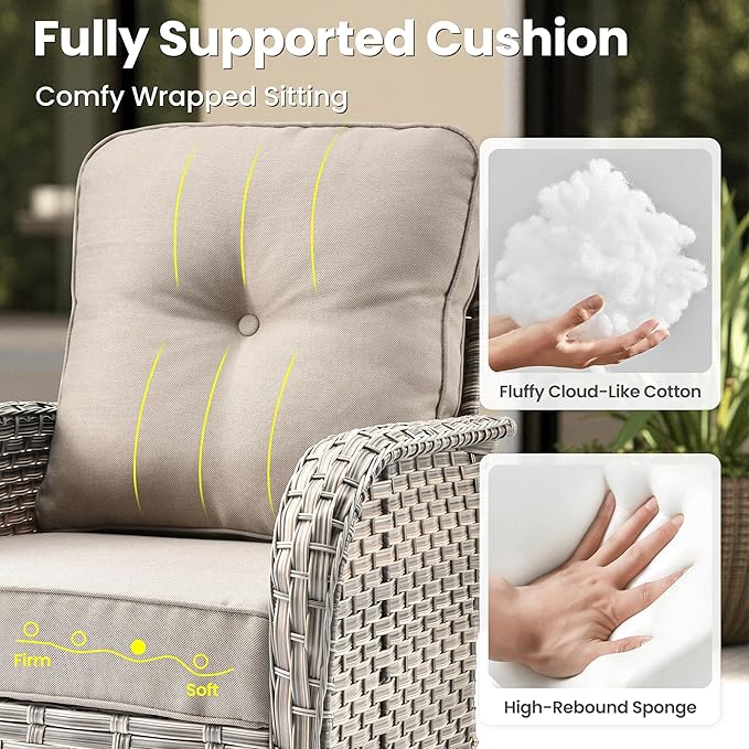 ovios 8-Piece Patio Furniture Set with L-Shape Sofa Chaise, Outdoor Sectional Couch Swivel Gliders Solar Table, Modern Modular Wicker Rattan Conversation Set, Beige