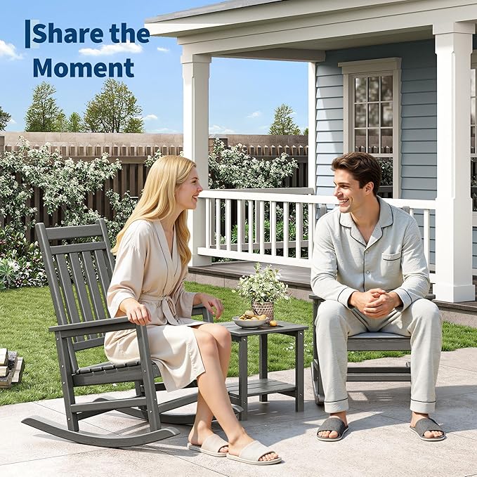 HDPE Rocking Chair Outdoor Set of 4 with 2 Side Table - Poly High Back Porch Rocker Chairs for Adults - All Weather Resistant Furniture for Patio Front Porch - Gray