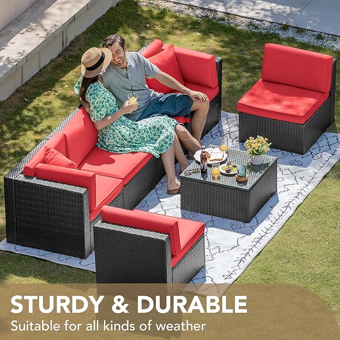 Devoko 7 Pieces Outdoor Sectional Sofa Patio Furniture Sets Manual Weaving Wicker Rattan Patio Conversation Sets with Cushion and Glass Table (Red)