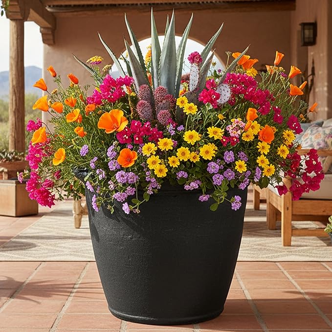 Sunnydaze 24-Inch Anjelica Large Plastic Pot for Plants - Outdoor Double-Walled Large Plastic Planter with Drillable Drainage Holes - Matte Black - 4pk