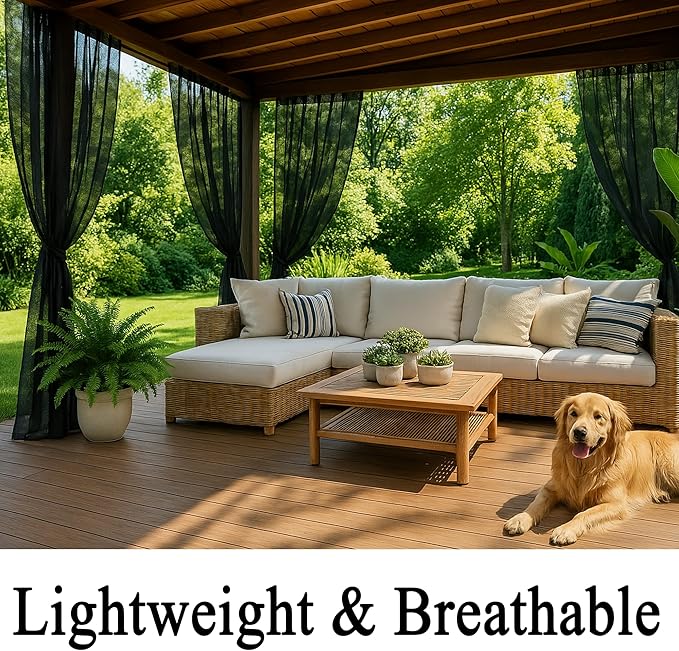 Extra Wide Outdoor Curtains Waterproof Black Voile Mesh Screen Lightweight Privacy Bug Netting for Patio Porch Balcony Pergola Terrace, W125 x L84 inch per Panel, 2 Panels