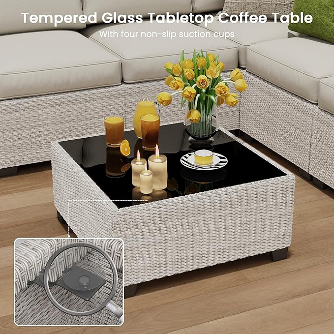 8 Piece Outdoor Patio Furniture Set, Outdoor Sectional Furniture, Rattan & Wicker Modern Modular Conversation Set Sofa Couch W/Water Resistant Washable Thick Cushions and Coffee Table, Beige
