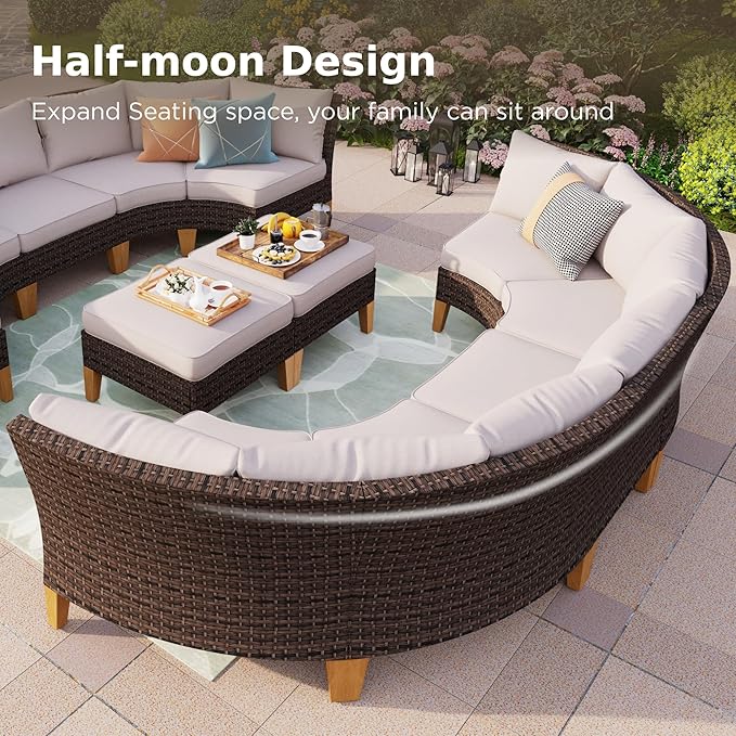 PHI VILLA 5-Piece Wicker Patio Furniture Set, Outdoor Sectional Sofa Conversation Set with Beige Cushions, Half-Moon Curved Modular Couch for Garden, Deck, Backyard