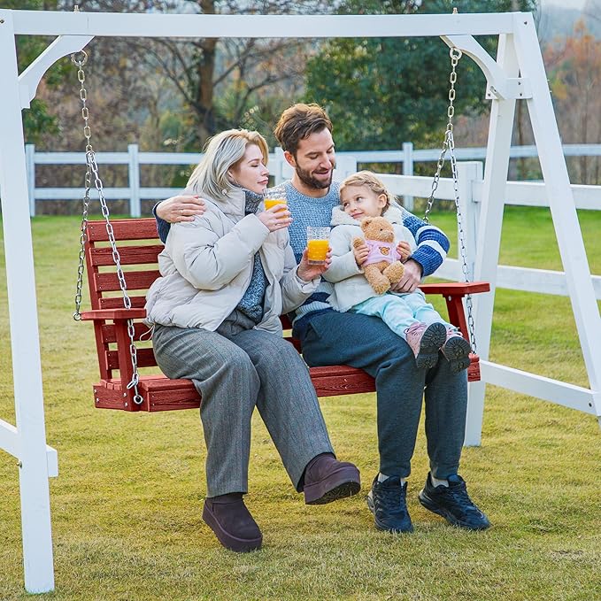 KINGYES Outdoor Hanging Porch Swing Set of 4, 2 Seat Patio Chair With Cup Holders, Waterproof Bench for Courtyard & Garden, 660LBS Weight Capacity, Red