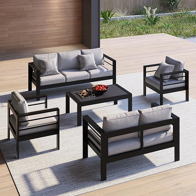All-Weather Aluminum Outdoor Coffee Table, Modern Coffee Table for Outside, Rectangle Patio Coffee Table for Balcony Garden, Black