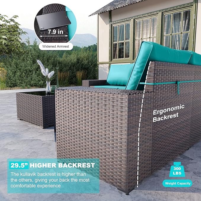 Kullavik Outdoor Patio Furniture Set,12 Pieces Sectional Rattan Sofa Set Brown PE Rattan Wicker Patio Conversation Set with 10 Seat Cushions and 2 Tempered Glass Coffee Table,Turquoise Blue
