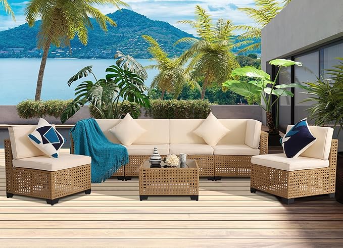 KIGOTY Patio Furniture Set,7 Pieces Modular Outdoor Sectional Sofa, PE Rattan Patio Conversation Set, All Weather Wicker Patio Furniture with Cushions and Coffee Table（Yellow/White）