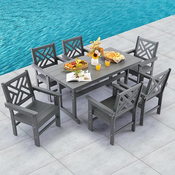 HDPE Dining Table Set for 6,7-Piece Outdoor Table and Chairs Include 6 Dining Chairs and 62.5" Patio Dining Table with Umbrella Hole (Gray)
