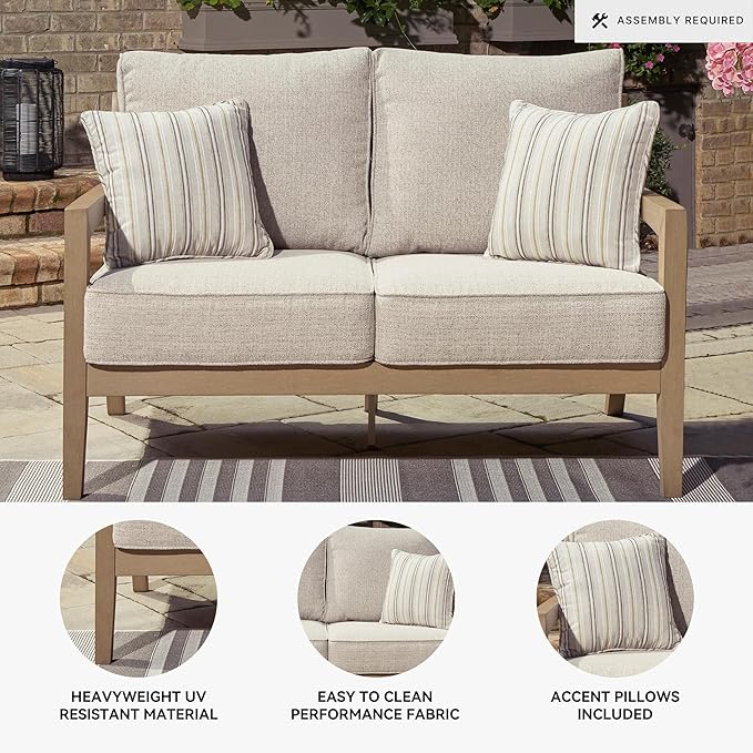 Signature Design by Ashley Hallow Creek Cottage Nuvella Weather Resistant Fabric Outdoor Loveseat with Cushion and 2 Throw Pillows, Light Brown & Beige
