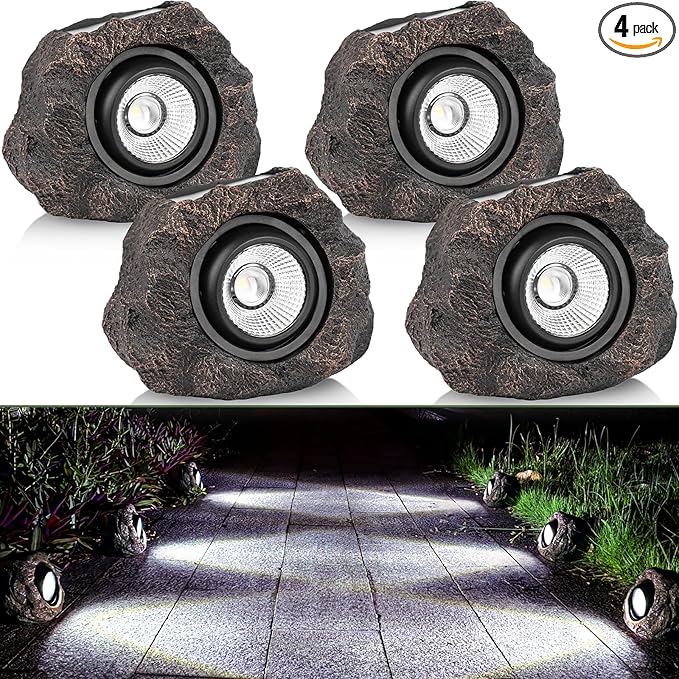 Solar Rock Lights Outdoor Garden Waterproof - Super Bright LED Solar Spotlights, Solar Powered Landscape Path Decorative Garden Stone Lights for Pathway, Walkway, Yard, Patio (4 Pack)