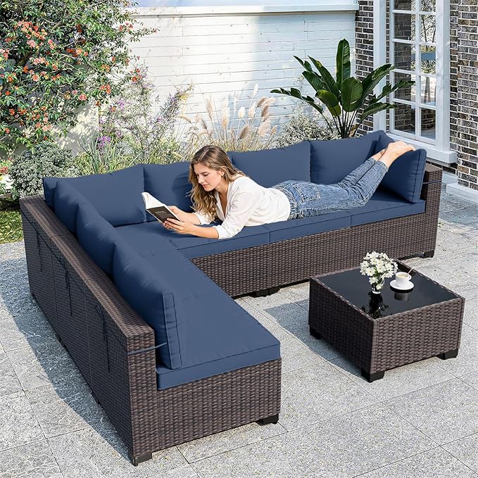 ALAULM Patio Furniture Set with Coffee Table, 7 Pieces Outdoor Sectional with Wide Seat and Thick Cushion, All Weather Wicker Rattan Conversation Set for Backyard, Garden, Deck, NavyBlue