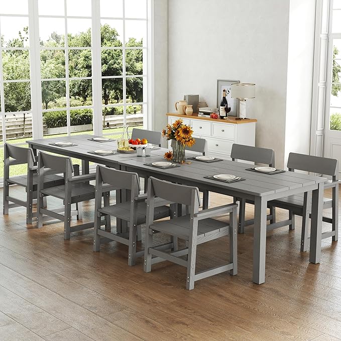 10-Piece HIPS Patio Dining Set for 8 Person Outdoor Dining Sets with Umbrella Hole Tables and Chairs Furniture Set All Weather Proof for Garden, Backyard, Poolside