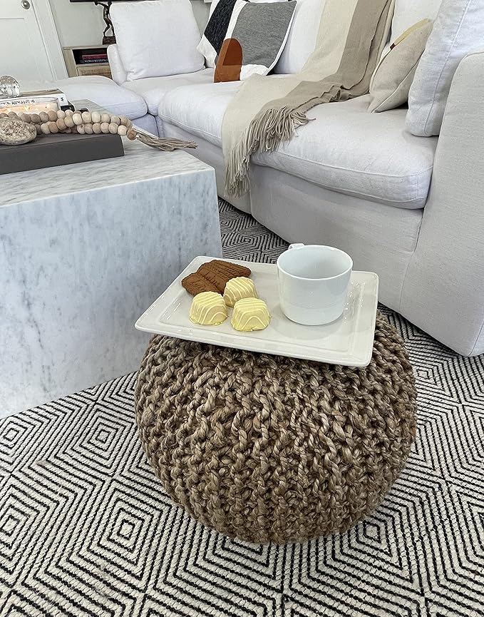 S & L Homes Pouf Ottoman - 100% Natural Jute Braided- Footrest Pouf Hand Knitted - Traditional Cord Boho Pouffe - for The Living Room, Bedroom, Nursery, Patio, Lounge (20" x 20" x 14")
