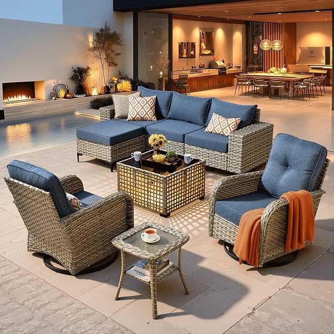 ovios 8-Piece Patio Furniture Set with L-Shape Sofa Chaise, Outdoor Sectional Couch Swivel Gliders Solar Table, Modern Modular Wicker Rattan Conversation Set, Denim Blue