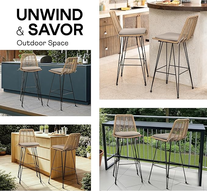 IDZO Outdoor Rattan Bar Stools Set of 2, 42-Inch Tall with 400lbs Weight Endurance, Featuring a Steel Frame and Comfort Cushions, Ideal Outdoor Bar Stools and Kitchen Island