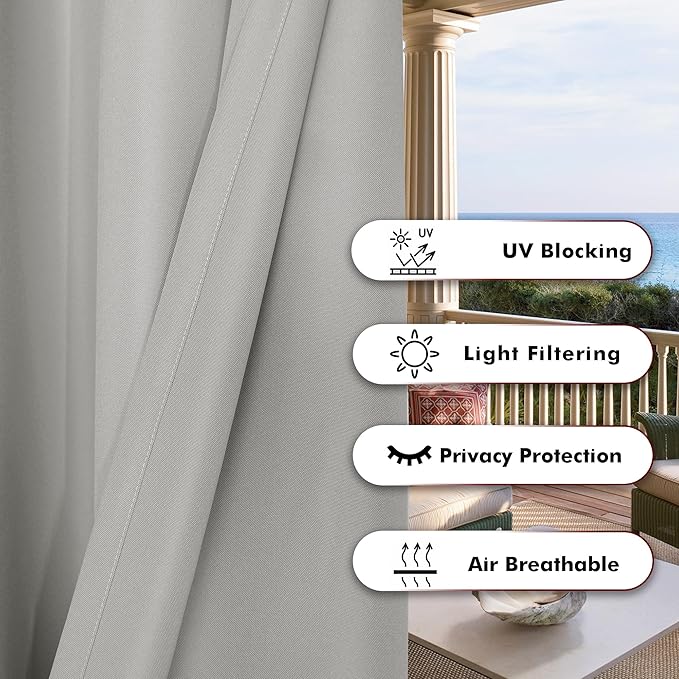 BONZER Waterproof Outdoor Curtains for Patio Porch Pergola Cabana Thick Privacy Wide Grommet Indoor Curtains for Bedroom Living Room, 1 Panel, 110W x 120L inch, Silver