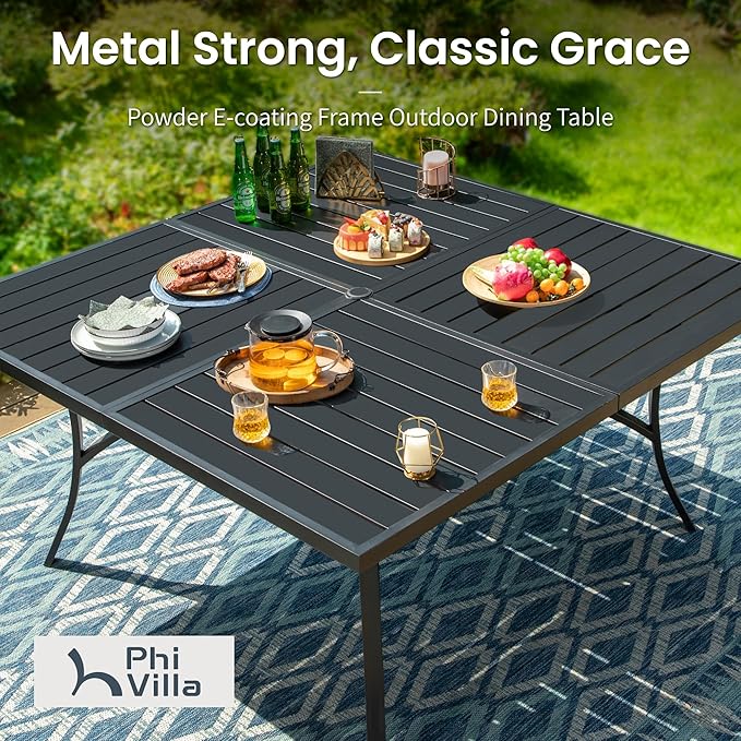 PHI VILLA 9 Piece Outdoor Dining Set for 8, 60" Metal Square Table with Umbrella Hole & Stackable Wrought Iron Chairs, All Weather Large Furniture Set for Patio, Deck, Backyard, Porch - Black