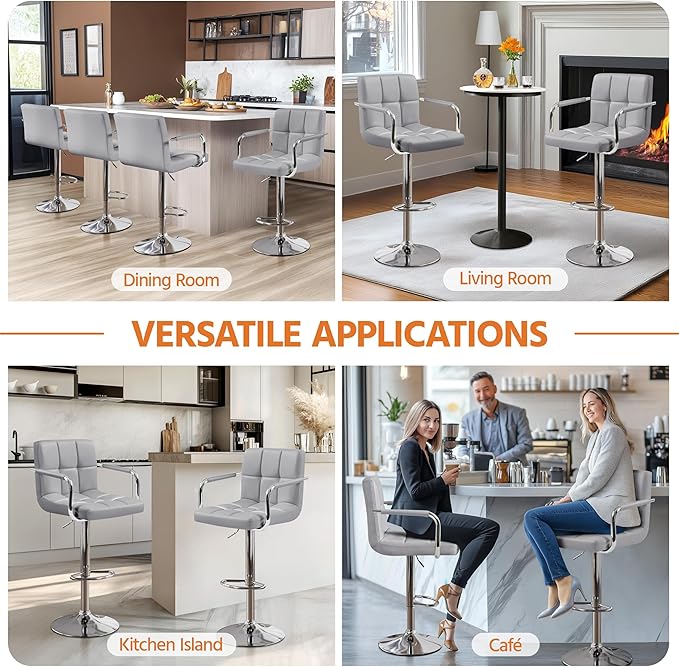 Yaheetech Bar Stools Set of 2, PU Leather Adjustable Swivel Barstools, Hydraulic Kitchen Counter Height Bar Chairs with Armrest and Back for Kitchen, Dining Room, Light Grey