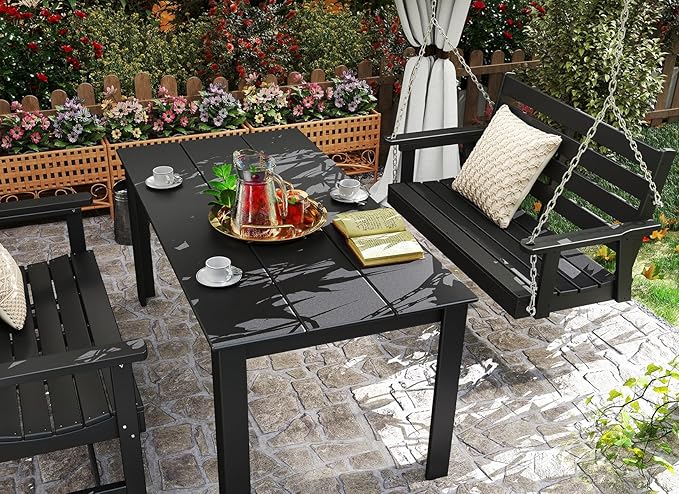 GREENVINES Porch Swing | 51’’ | HDPE Plastic | for Outdoor Patio | All Weather | Waterproof Bench Swings | w/ 4 Stainless Steel Chains | Black