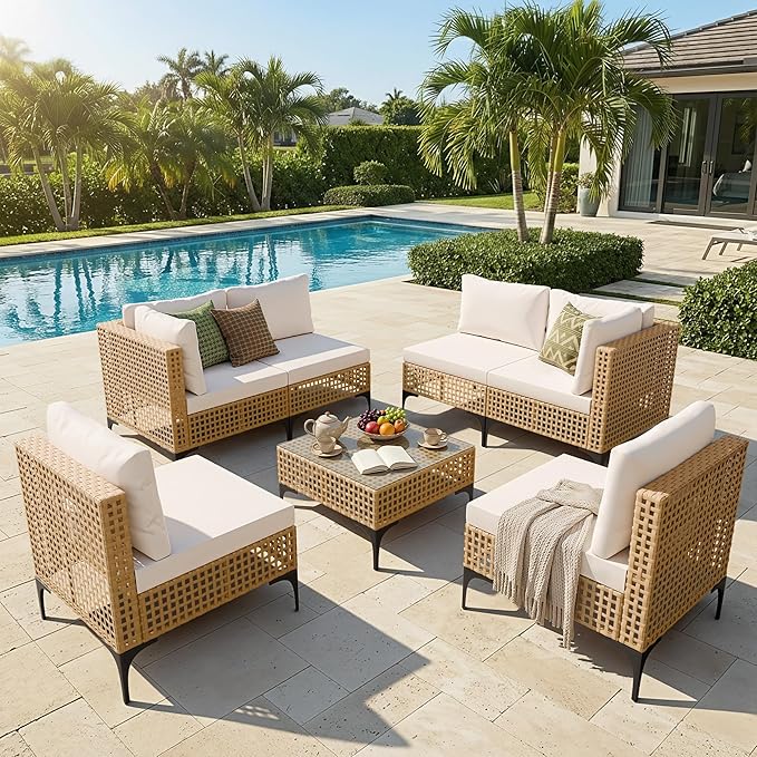 Devoko Patio Furniture Set 7 Piece Outdoor Sectional Sofa Hollow Rattan Patio Seating Sofa with Coffee Table & Ottoman for Deck, Porch, Poolside