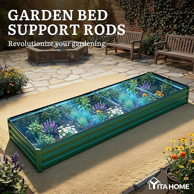 YITAHOME 12x4x1ft 2pcs Large Raised Garden Bed Kit, Galvanized Metal Planter Box with Gloves, Ground Nails, Support Rod, Outdoor Above Ground Planters for Plants Vegetables Flowers, Green