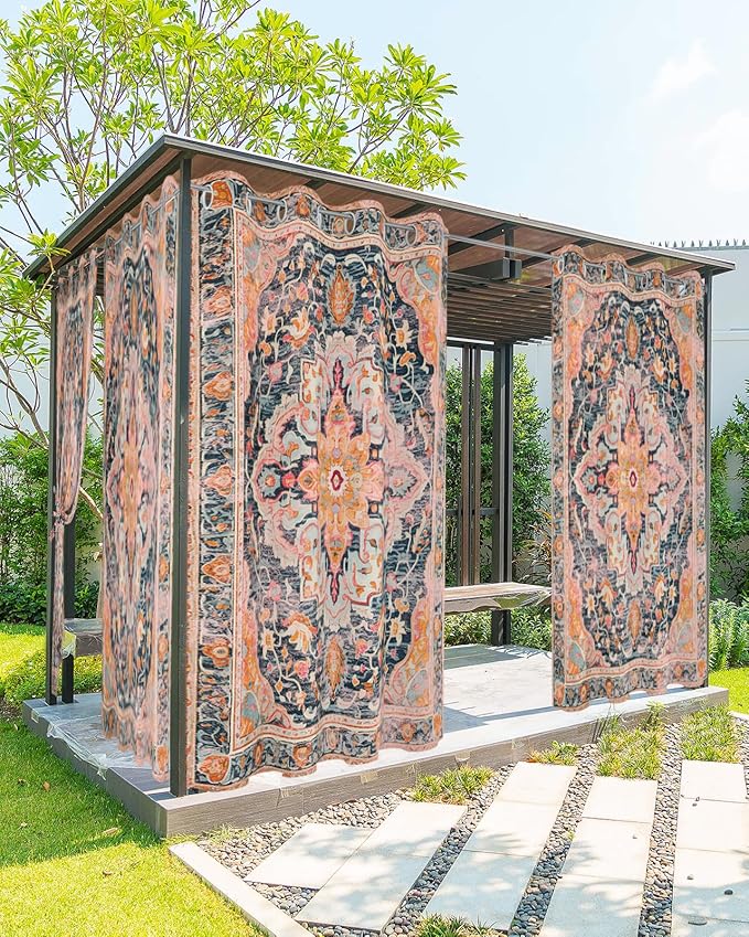 Rustic Boho Outdoor Curtains for Patio Waterproof, Grommet Privacy Curtain Drapes Weatherproof Outside Curtains for Porch GazeboPergola Cabana 2 Panel 54x95inch Ethnic Turkish Floral Geometric
