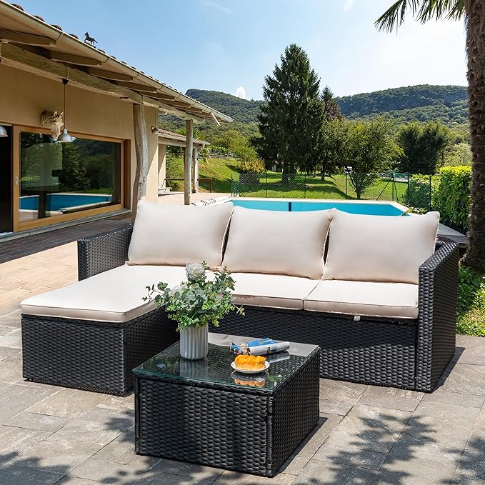 Shintenchi Outdoor Patio Furniture Sets, Small Outdoor Sofa Patio Sectional Sets 3-Piece All Weather Wicker Rattan Patio Seating Sofas with Glass Coffee Table and Cushion (Beige)