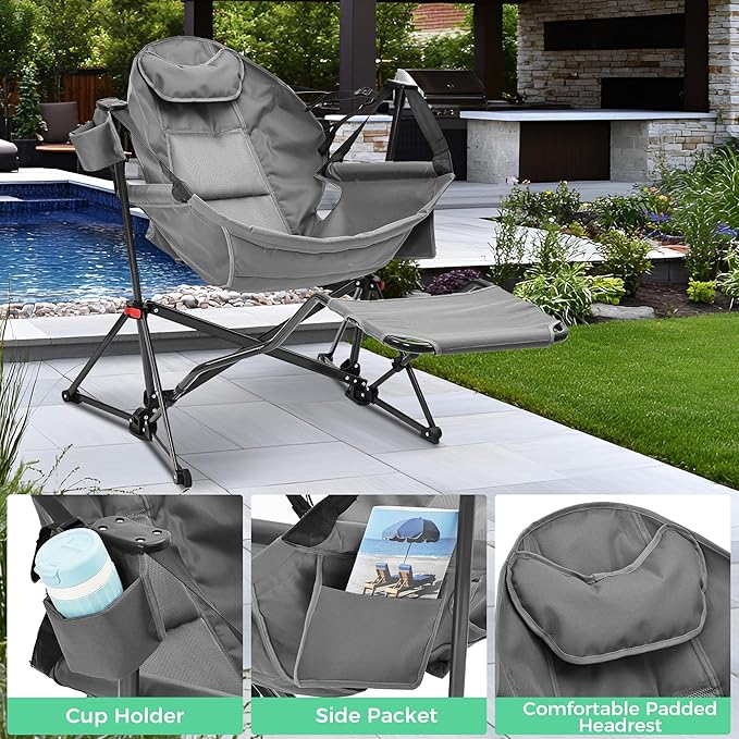Ainfox Hammock Camping Chair with Footrest, Foldable Portable Rocking Chairs for Adults Outside Swinging Camp with Cup Holder Pillow for Outdoor Patio Poolside (Grey)