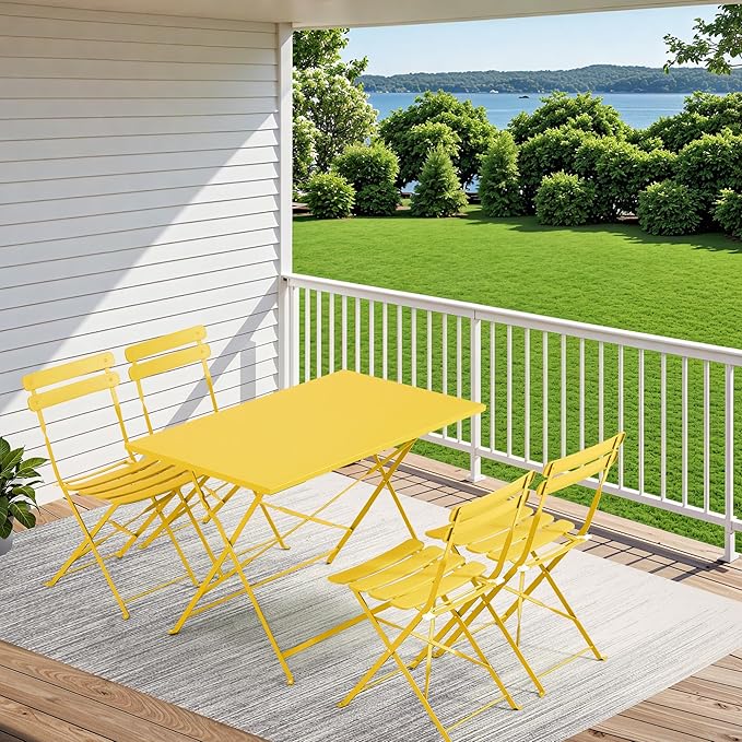 MELLCOM 5-Piece Foldable Patio Dining Set with Rectangular Table and Chairs, Weather-Resistant Iron Outdoor Dining Set for 4 People, Outdoor Table and Chairs for Patio, Yard, Indoor, Yellow