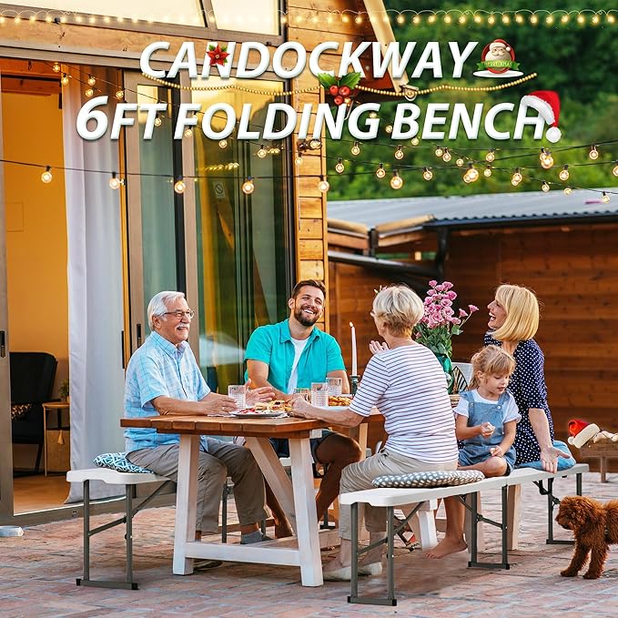 6ft Plastic Folding Bench with Carrying Handle & Lock, Portable Outdoor Bench in Garden Picnic Camping Dining Party Seat, Waterproof Bench for Soccer Activities, Firm and Durable (2Pack A)