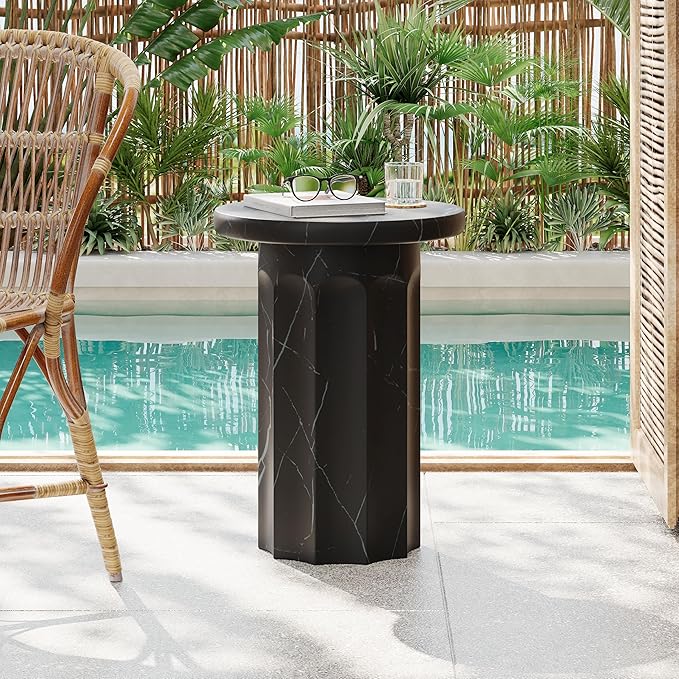 Christopher Knight Home Mervynt Outdoor Side Table, Lightweight Concrete Patio End Table Garden Stool with Round Top, Decorative Accent Table for Patio Balcony Beach Pool Side, Black Marble Finish