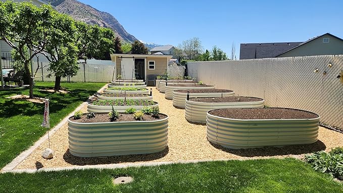 A ANLEOLIFE 6-Set 8X4X2 ft Galvanized Raised Garden Bed Kit, Oval Metal Deep Root Planters for Outdoor Plants, Antique White