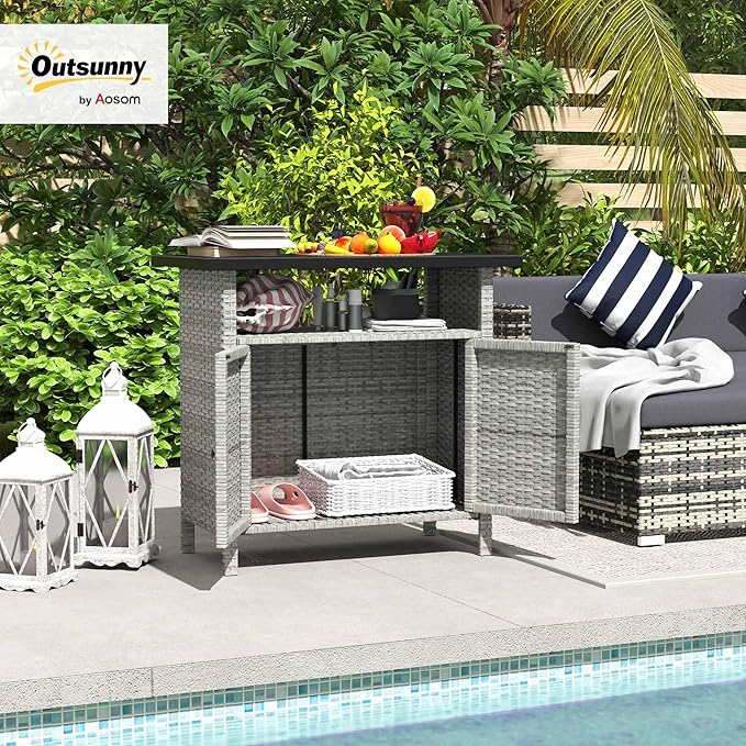 Outsunny Wicker Outdoor Storage Cabinet, Rattan Outdoor Bar Table with 2 Doors and Shelf, Outdoor Buffet Cabinet Sideboard with Metal Slatted Countertop for Poolside, Patio, Backyard, Gray