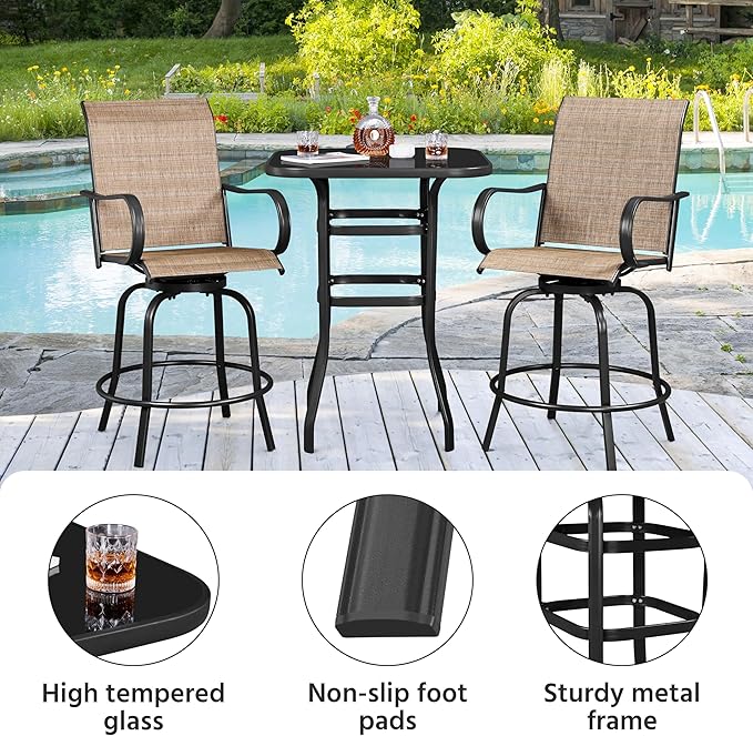 Yaheetech Patio Bar Table Tempered Glass, Height High Top Outdoor Pub Height Bistro Square Glass Side Table for Balcony Backyard Poolside, Black