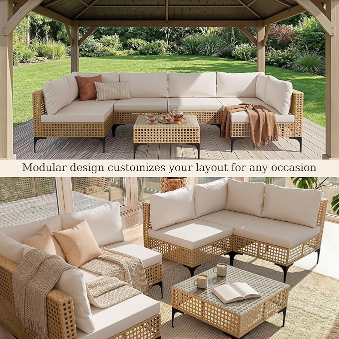 Devoko Patio Furniture Set 7 Piece Outdoor Sectional Sofa Hollow Rattan Patio Seating Sofa with Coffee Table & Ottoman for Deck, Porch, Poolside
