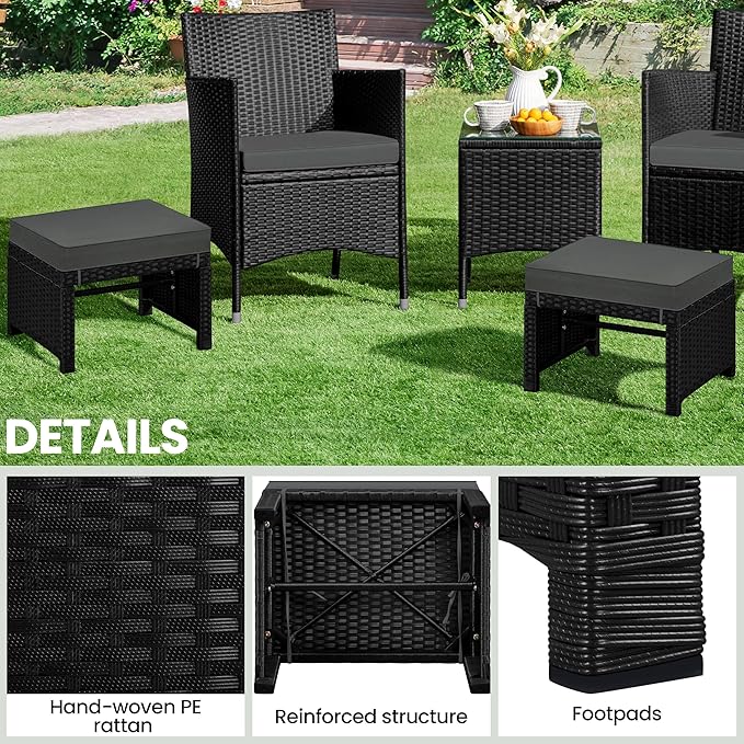 Yaheetech Wicker Ottomans, Set of 2 Footrest with Removable Cushion, 2pcs PE Rattan Side Table Additional Seating Multipurpose Outdoor Furniture for Patio, Backyard, Black/Gray