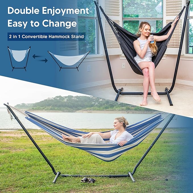 SUNCREAT 2-in-1 Convertible Free Standing Hammock with Stand Included, Camping Backyard Hammock with Stand, Patented, Blue & White Stripe